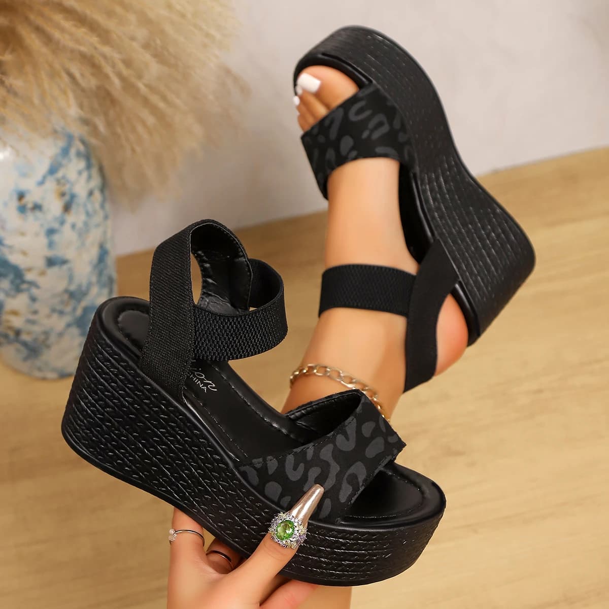 Sandali con zeppa e tacco alto da donna Sandali con punta aperta Sandali con plateau leopardati Scarpe estive con suola spessa da donna Espadrillas Zapatillas Mujer