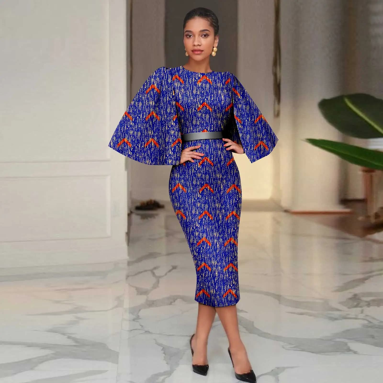 Abito da donna stampato Africa Ankara Abito sexy con maniche a scialle e cintura abbinata sul retro 2425148