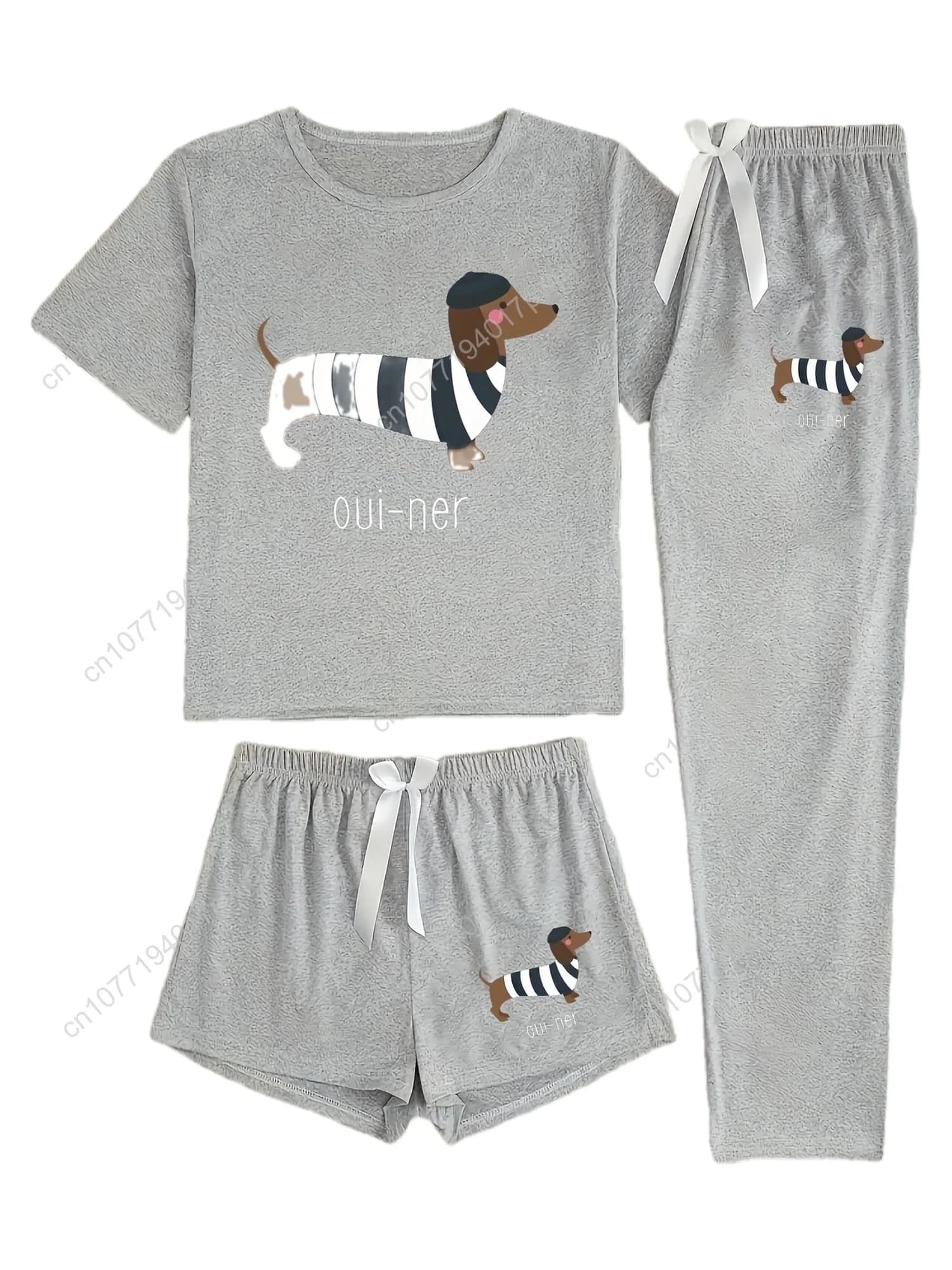 Women's pyjamas set with 3 piece print • Night garments for cute cartoon dogs with shorts and long trousers • Soft living room comfort for all seasons S