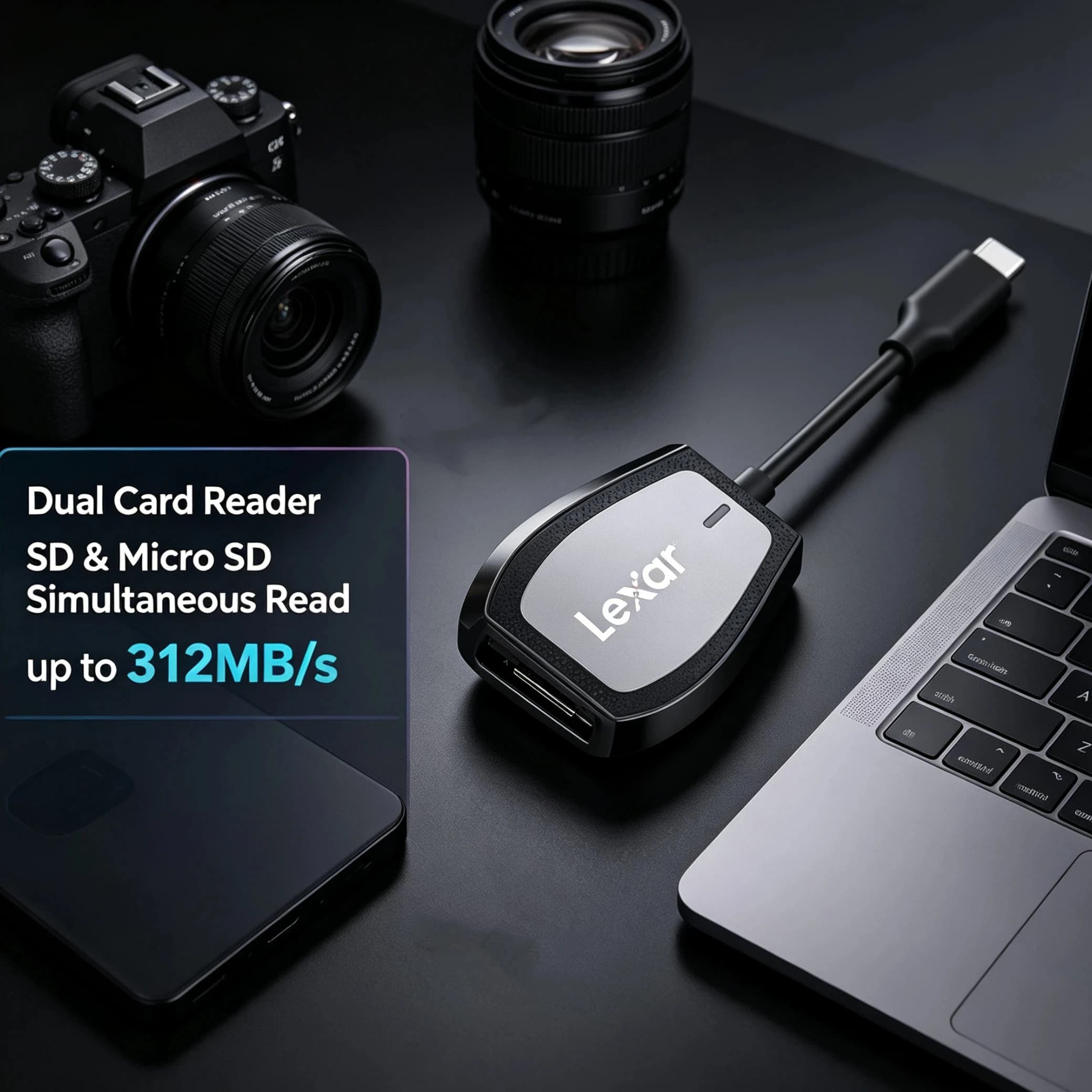 Lexar Type C OTG Card Reader USB 3.2 Dual Slot SD Micro SD TF UHS-II 312MB/s Fast High Speed Memory Cardreader for Android Phone