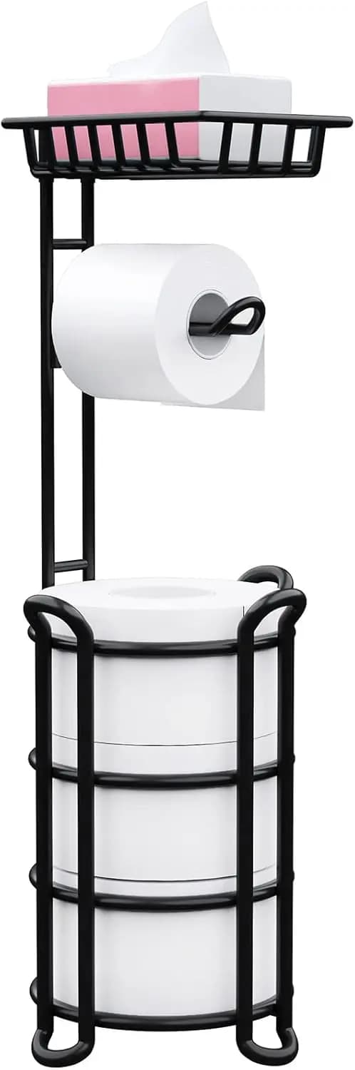 Portarotolo da terra con ripiano e dispenser, portaoggetti da bagno nero