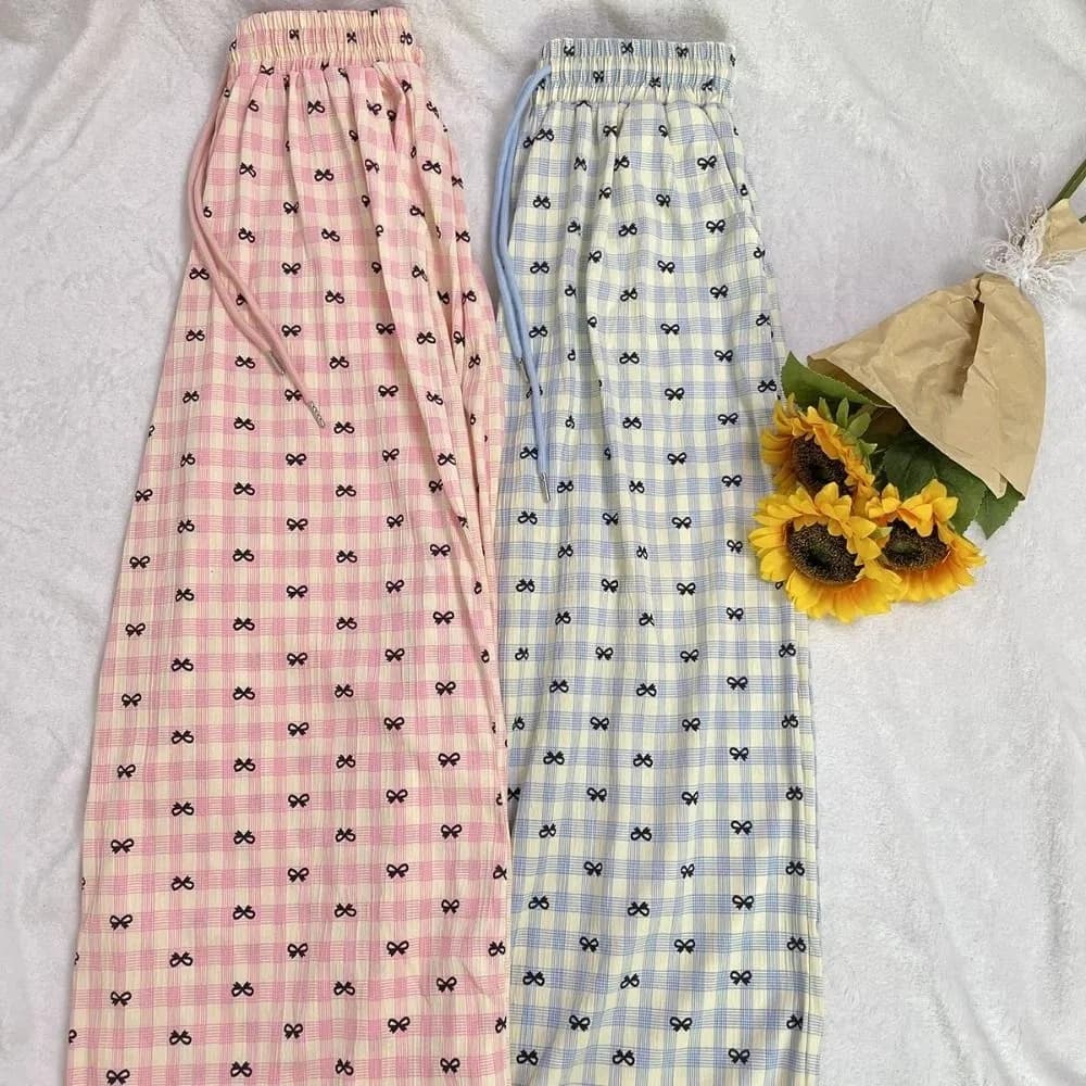 Comfortable Stripe Plaid Bowknot Pajama Pants Sweet Bow Grid Long Pants Thin Homewear Casual Trousers Spring Autumn