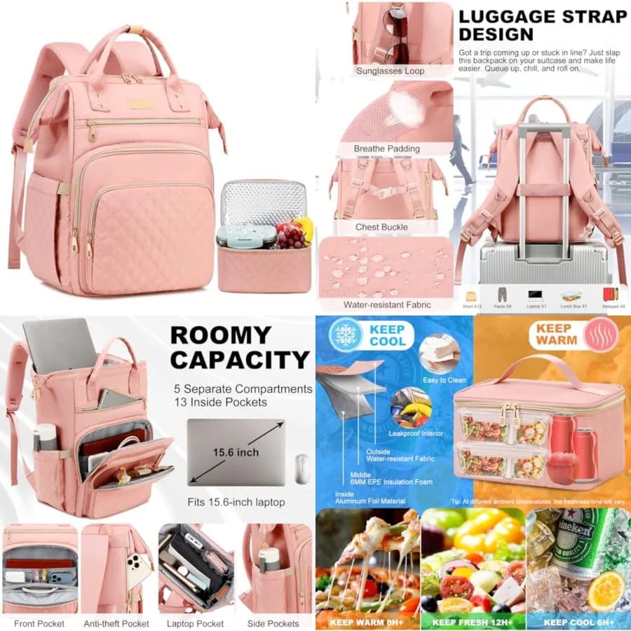 Lunch Backpack for Women, 15.6 Inch Laptop Backpack with Detachable Insulated Cooler Lunch Box, 2-in-1 Water Resistant Work Com