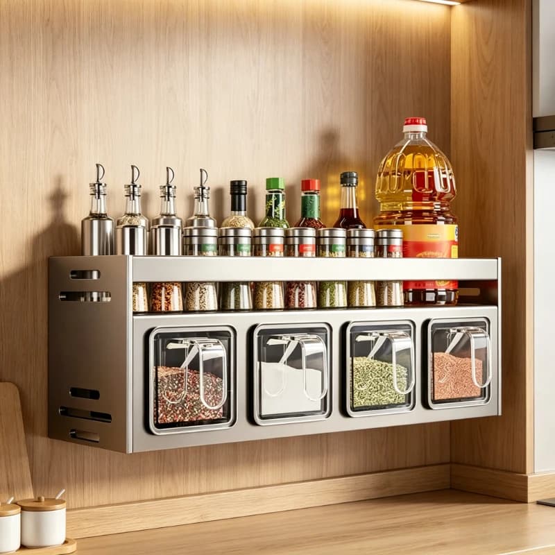 Robusto organizer da parete per cucina in acciaio inossidabile, design a parete per contenitori di spezie, barattoli e stoccaggio quotidiano in cucina