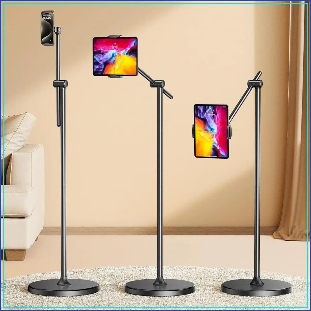 Height-Adjustable & 360° Rotation Tablet Floor Stand, Aluminum Alloy iPad Stand Holder for iPad Mini Air Pro 12.9/9.7, Monitor, Kindle, iPhone 16, Cell Phones (4.7"-15.6")