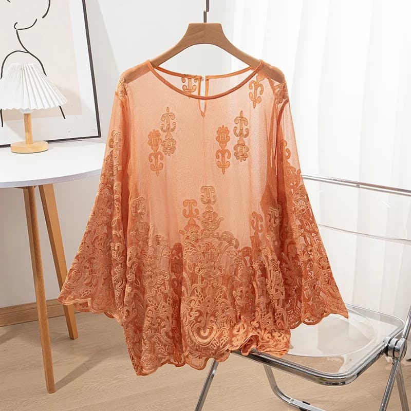 Camicetta a maniche lunghe da donna in seta di gelso al 100% Camicia a maniche lunghe in seta con ricamo arancione sottile trasparente girocollo Top Pullover estivo QQ015