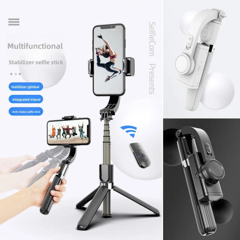 L08 Asta Selfie con Treppiede Stabilizzatore Gimbal Portatile Anti-vibrazione 3-in-1 Supporto per Telefono e Fotocamera per Viaggi e Riprese YouTube