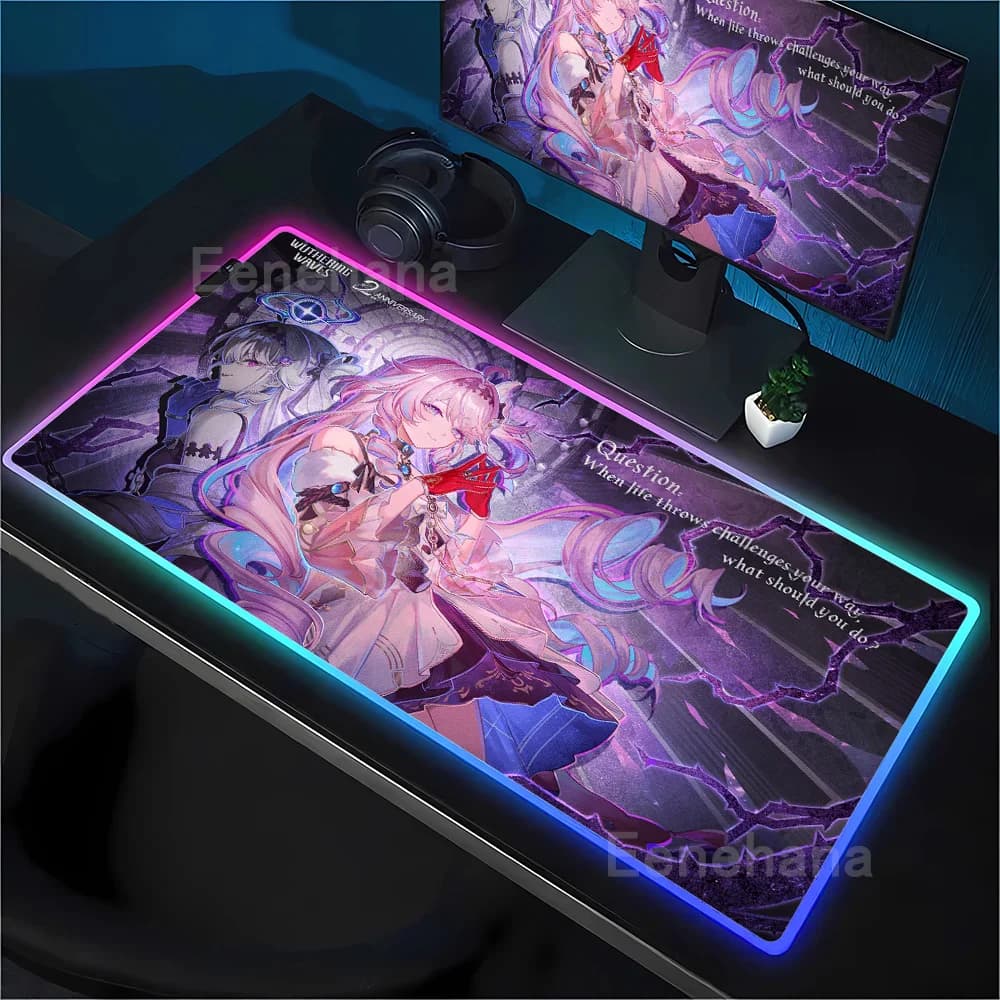 Tappetino per mouse RGB Gaming Wuthering Waves Denia Kawaii Anime Girl Keyboard Office LED Tappetino per mouse in gomma con stampa HD retroilluminato