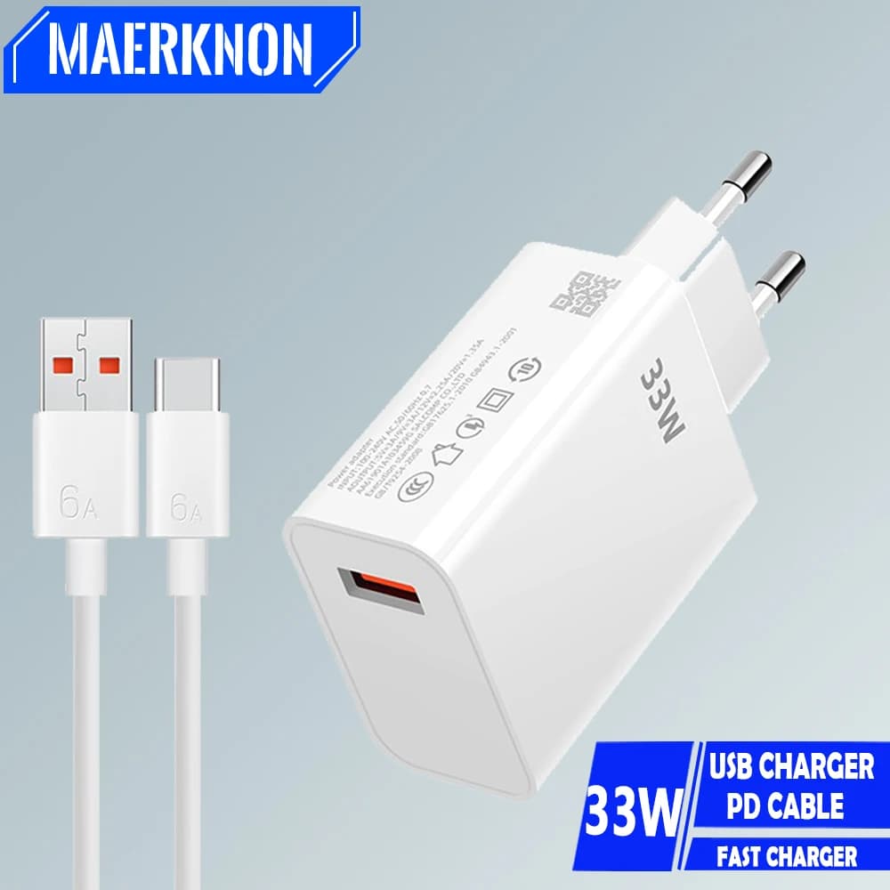 Caricabatterie USB da 33W caricabatterie rapido 3.0 caricabatterie da parete a ricarica rapida cavo di tipo C per iPhone Xiaomi Samsung Huawei adattatore di ricarica per telefono