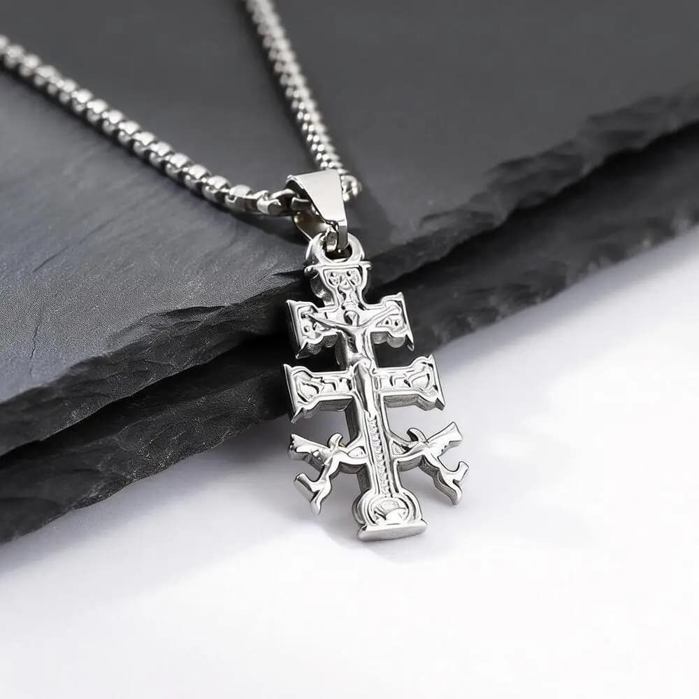 Orthodox Russian Cross Necklace for Men,Silver Color Stainless Steel Cross Pendant Necklace,Faith Prayer Jewelry
