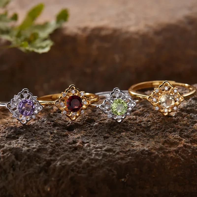 High sense light luxury S925 sterling silver plated 18K gold natural colored treasure ring index finger ring Ins niche