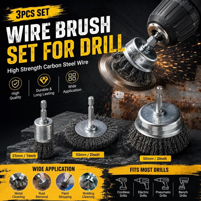 1/4 Hex Shank Black Wire Wheel Brush Kit for Drill Rust Removal Paint Stripping Metal Surface Cleaning and Finishing