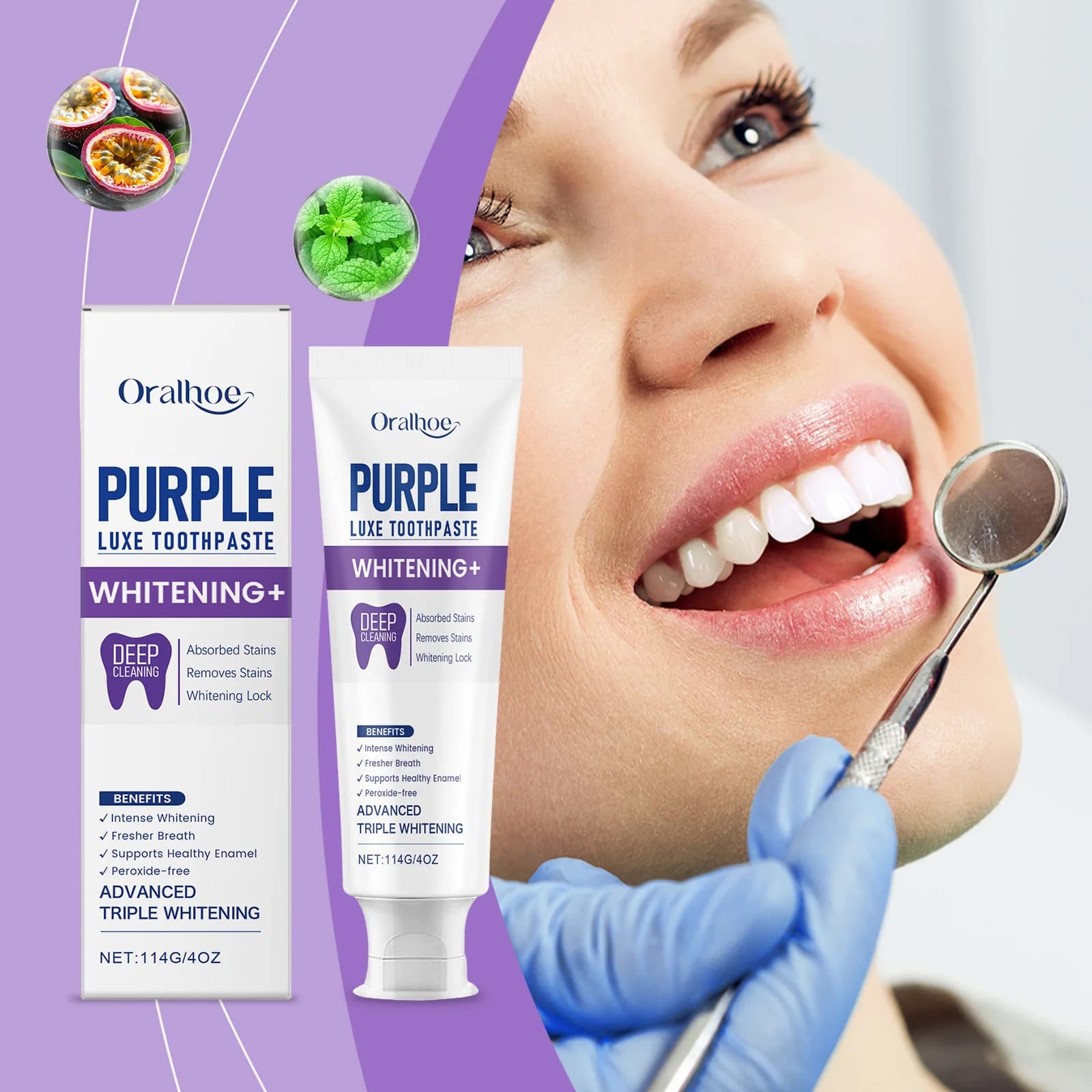 Oralhoe Purple Luxe Whitening Toothpaste Deep Cleaning Remove Teeth Stain Fresh Breath Protect Enamel Non-peroxide Toothpaste