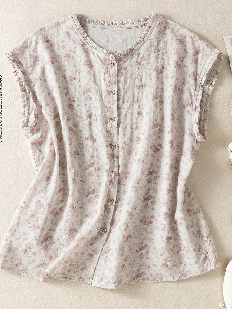 Summer Thin Cotton Linen Floral Print Short Sleeve Shirt Women's Style Collar Slimming Top Fashionable Korean Loose Fit Blouse