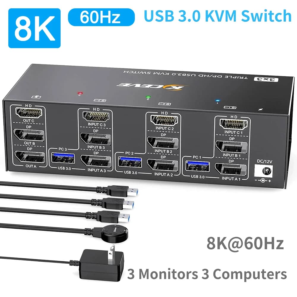 Switch KVM 3 Computer 3 Monitor HD-MI+ DisplayPort USB 3.0 Switcher KVM 8K@60Hz/4k@144Hz Triple monitor DP KVM for 3 PCs