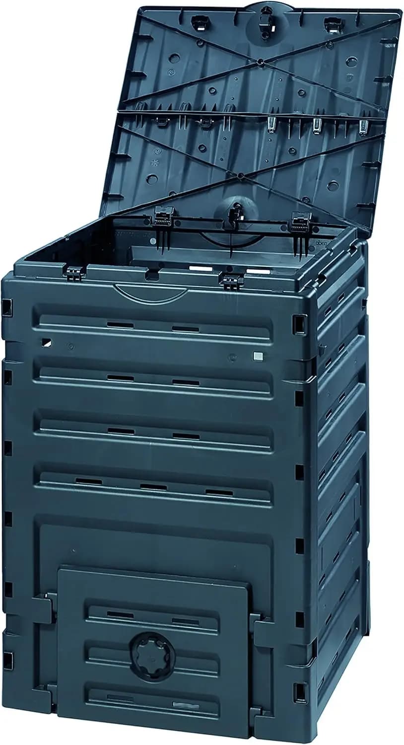 Contenitore per compost ecologico nero da 120 galloni, coperchio superiore grande e porte inferiori per una decomposizione veloce