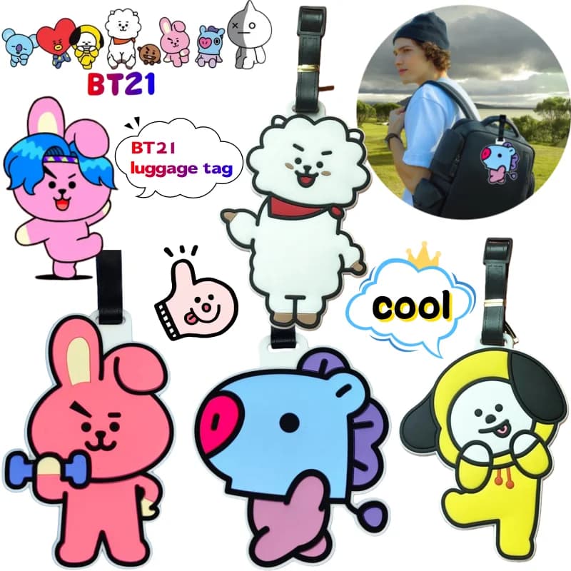 BT21 Cooky koya RJ Shooky Chimmy Etichetta per bagagli Animazione creativa di alto valore Cartoon Doll Modellazione Viaggi Anti-perso Elenco nome