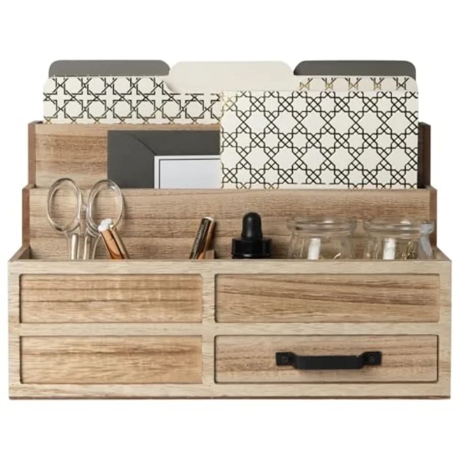 Mail Organizer with Drawer and Pen Holder Rustic Desk Organizer for Bills, Letters and Countertop Storage Wooden Desktop Mail S