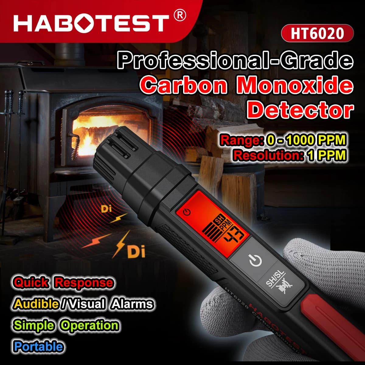 Rilevatore di Monossido di Carbonio HABOTEST 0-1000PPM, Misuratore CO Portatile HT6020, Rilevatore CO Professionale a Risposta Rapida