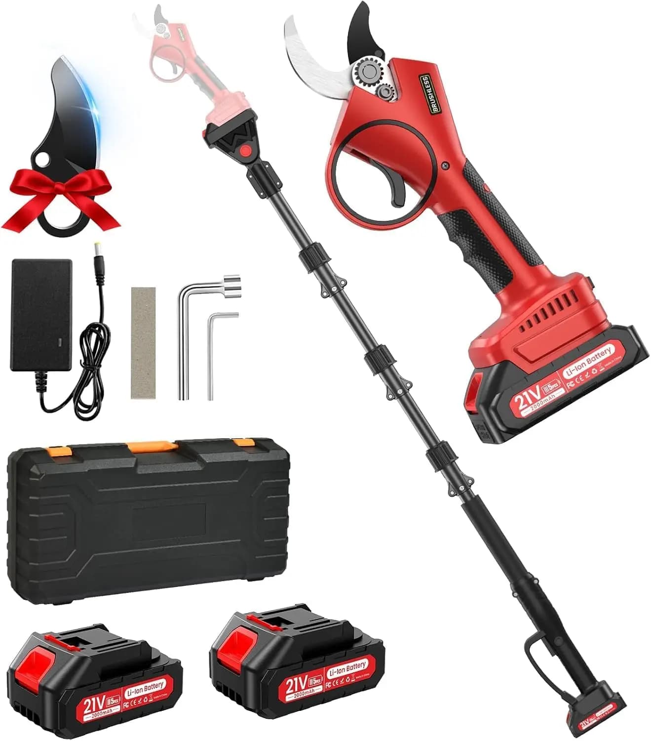Forbici Elettriche Senza Fili 2-in-1 con Asta da 8 Piedi, Lama SK7, Motore Brushless da 800W, 2 Batterie per Giardinaggio
