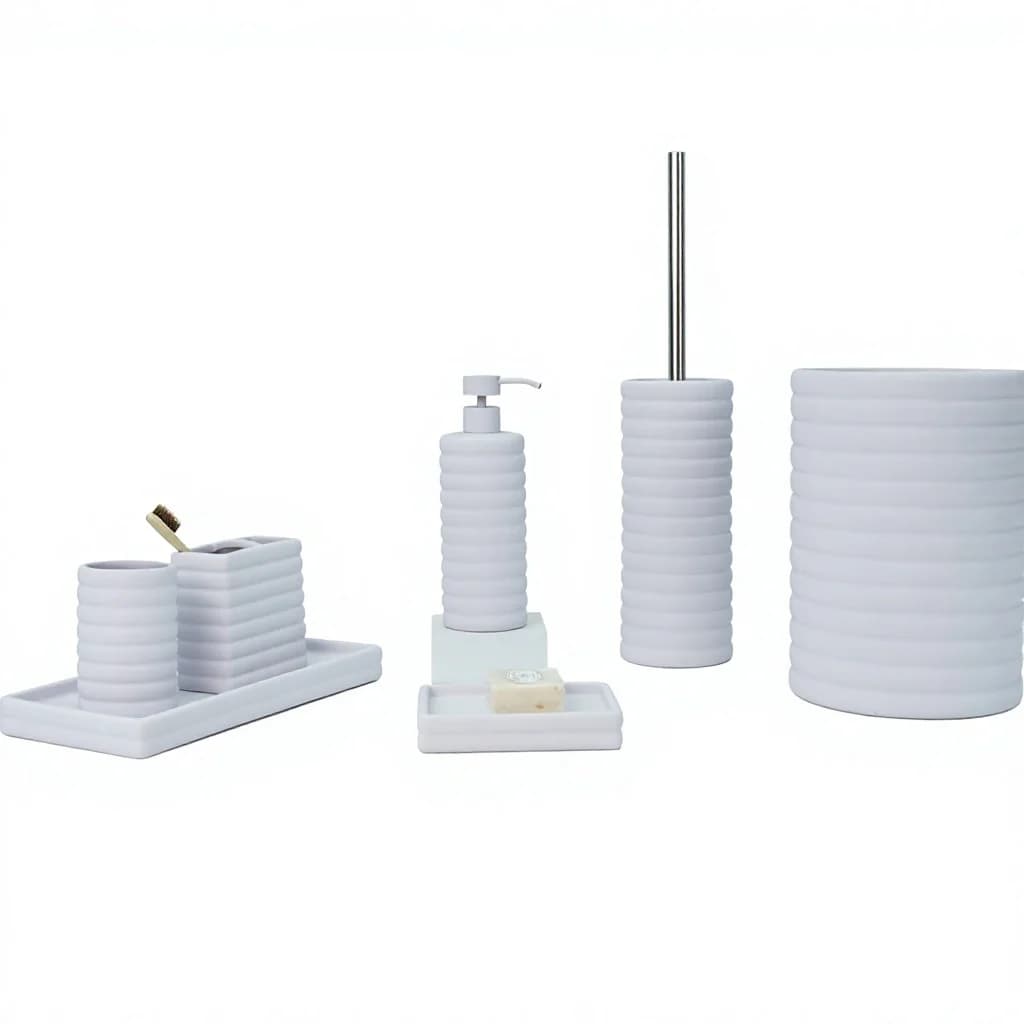 Bathroom Accessories Set,Matte White Ribbed Resin 6 Piece Set,Soap Dispenser Dish Tumbler Toothbrush Holder Toilet