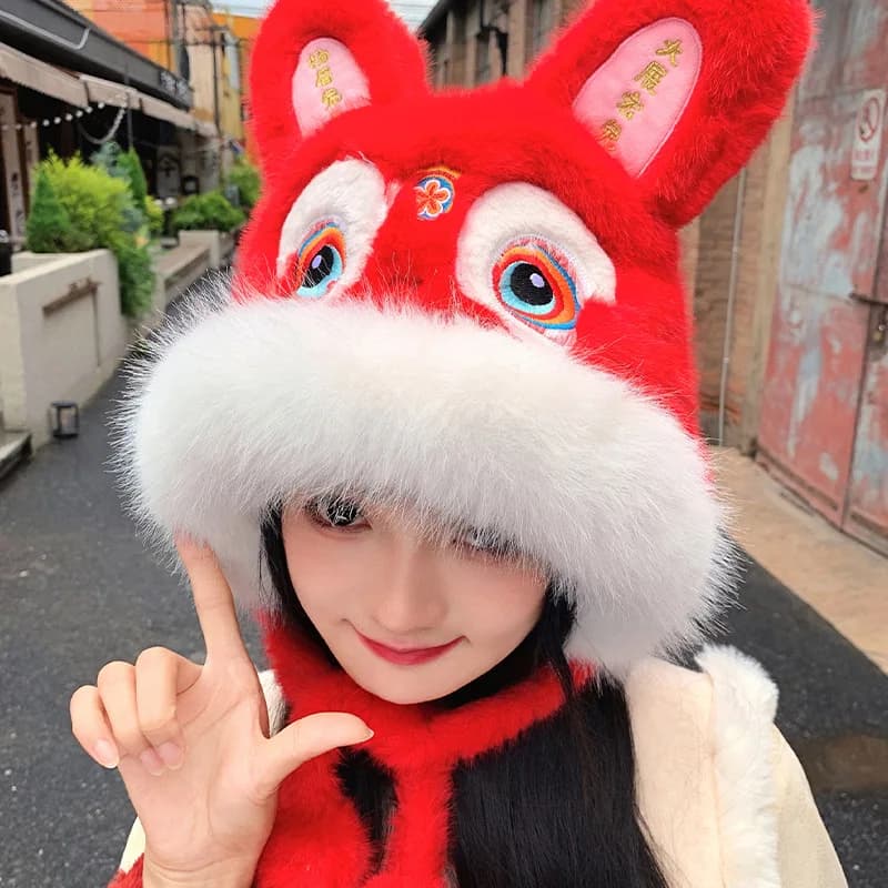 Nuovo stile cinese-chic Lei Feng cappello cinese rosso ricamo netto rosso peluche leone orecchio cap ragazza inverno primavera festival regalo dando H2