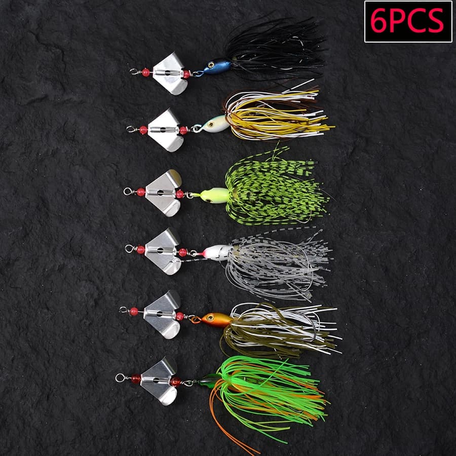 Set di 6 esche artificiali Chatterbait con gonne anti-erba, Buzzbait Wobbler per Bass e Luccio, Spinnerbait rotante, Set di esche da pesca