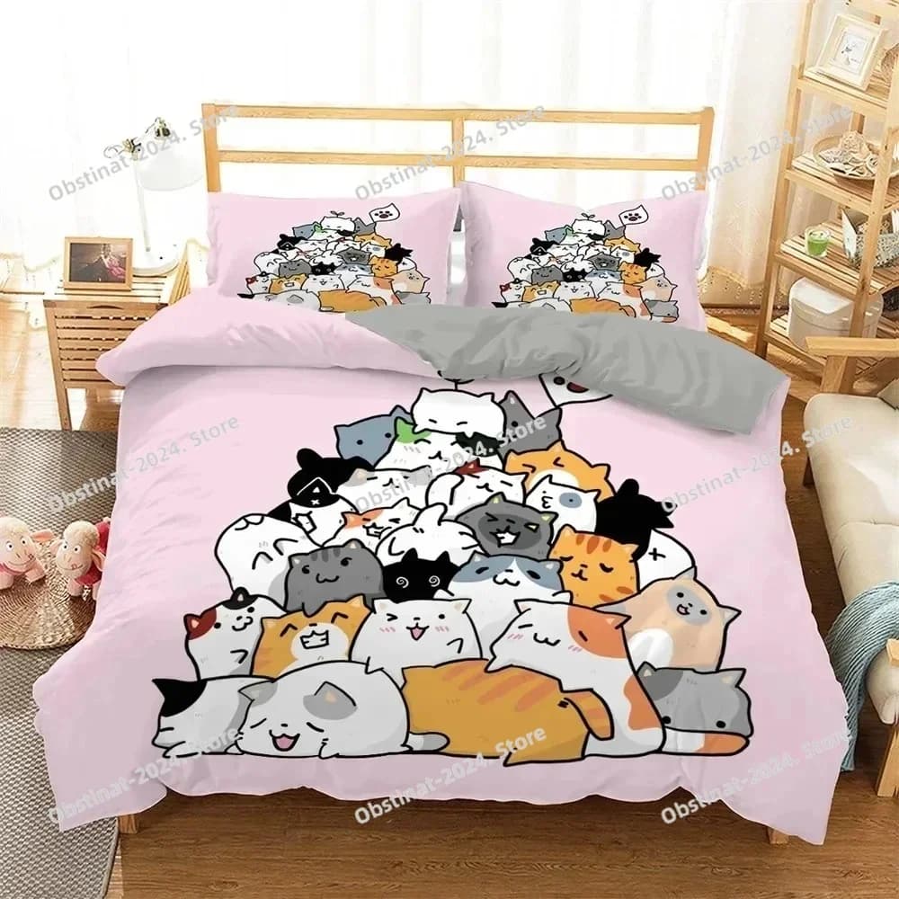 Set biancheria da letto per gatti cartoni animati Copripiumino per gattino Kawaii per bambini Copripiumino colorato per animali domestici Copripiumino in poliestere King Twin Queen
