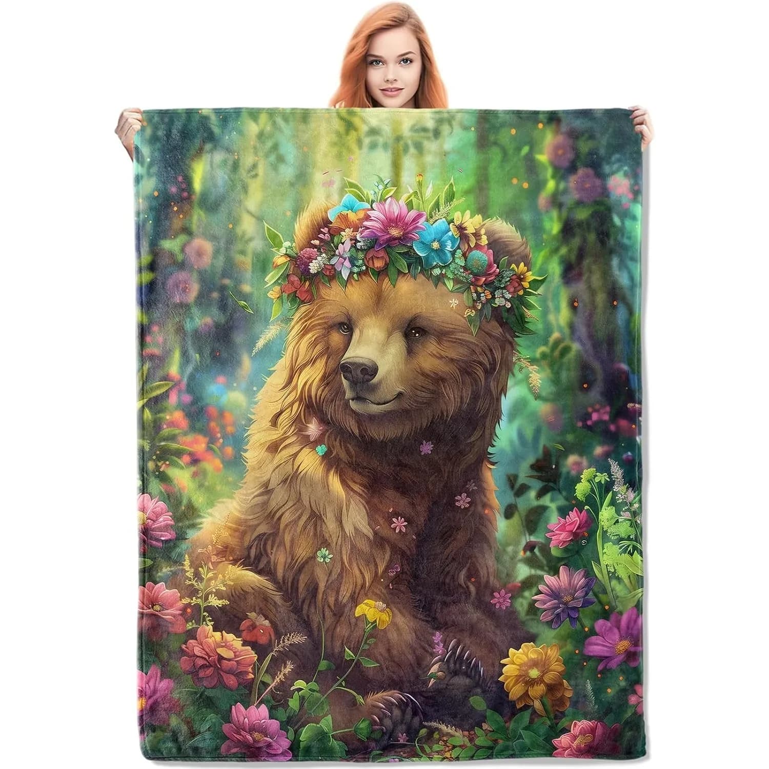 Coperta con orso e corona di fiori, regali per le donne, coperta di flanella a tema animali della foresta stravagante, morbida, calda, leggera, personalizzata