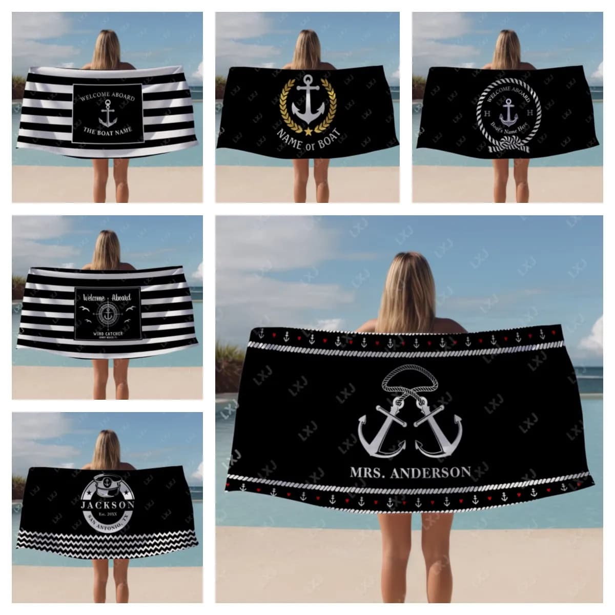 Telo mare nero con ancoraggio nautico, coperta da spiaggia stampata in microfibra per spiaggia, viaggi, campeggio, personalizzabile con nome della barca