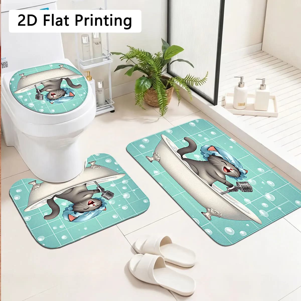 Cute Bathing Grey Cat 3PCS Bathroom Rug Set, Mint Green Grid Bubble Non-Slip Toilet Mat Combo