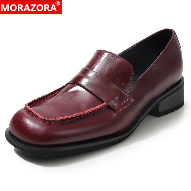 MORAZORA Women's real leather moccasins with square tip and low heel, fashionable casual shoes for everyday, stylish women's office shoes