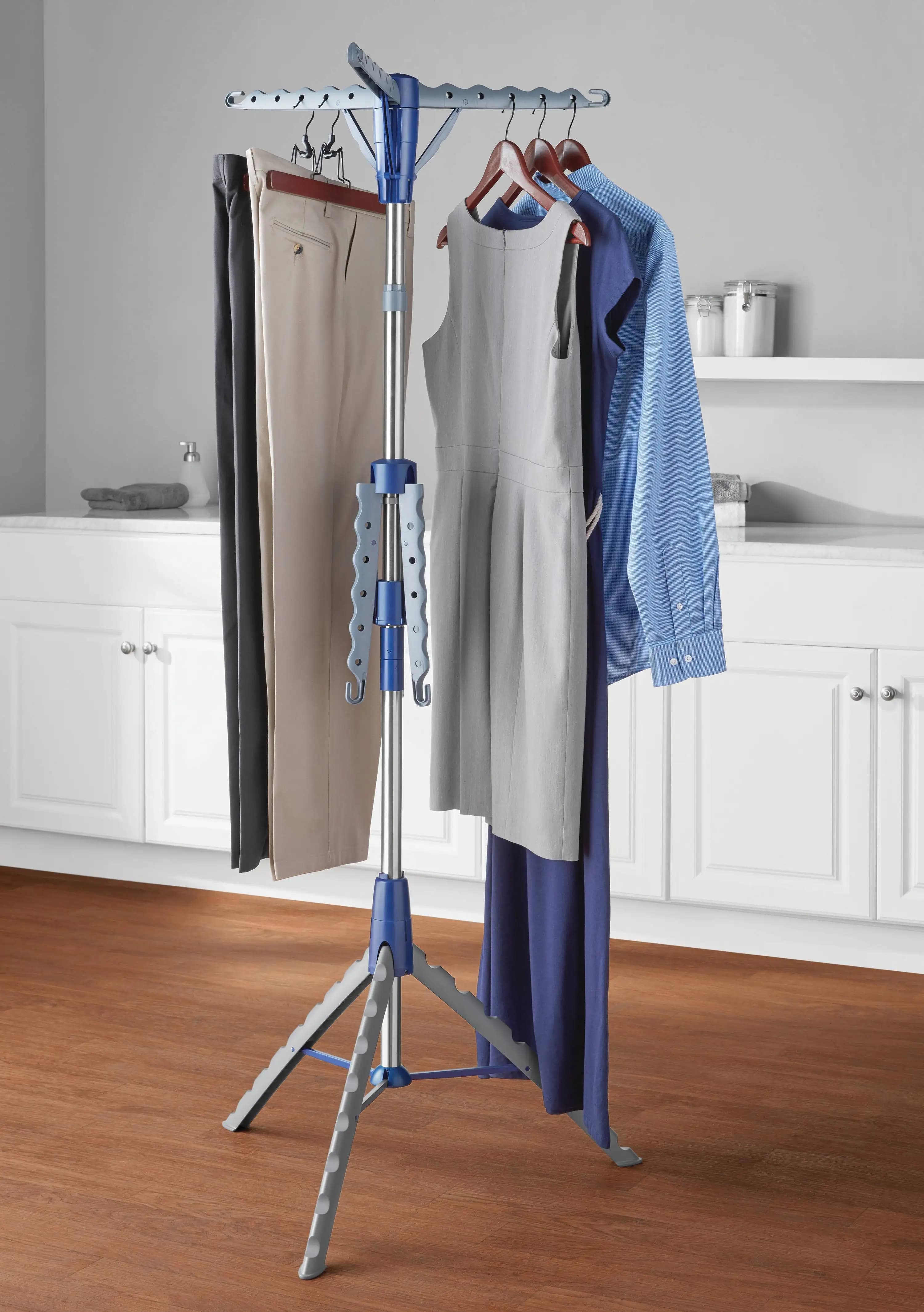 Space-Saving 2-Tier Steel Tripod Hanging Clothes Drying Rack in Blue and Silver Finish