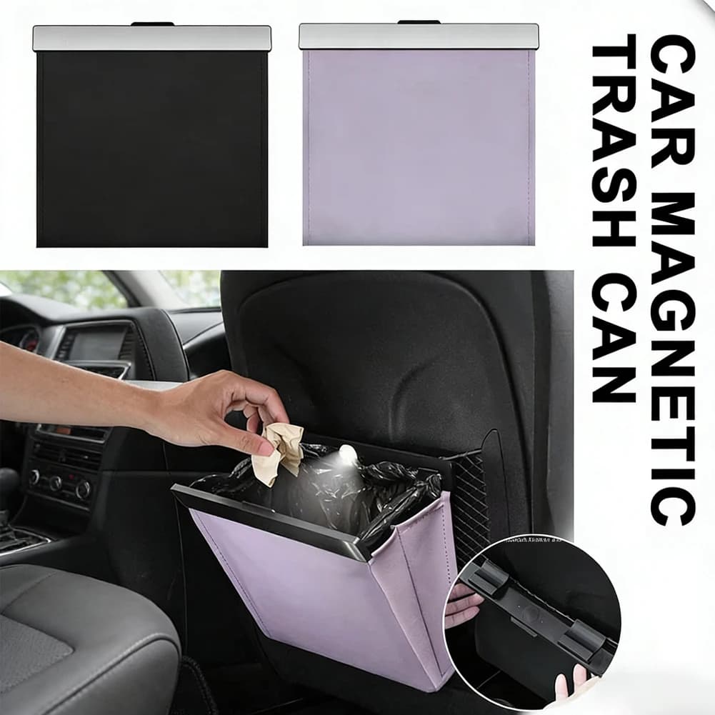 Cestino per Auto con Adsorbimento Magnetico, Sacchetto per Rifiuti da Appendere al Sedile con LED, in Pelle PU Pieghevole, Accessori Auto