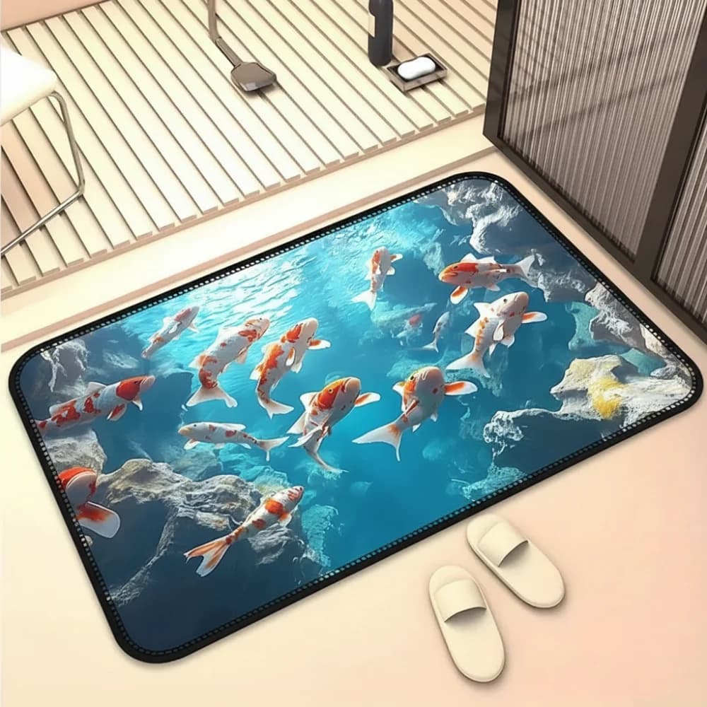 Tappetino 3D in Velluto Cristallino 40*60cm, Antiscivolo con Stampa di Pesci Koi, Tappeto Piccolo per Camera da Letto e Porta, Assorbente e Resistente all'Abrasione