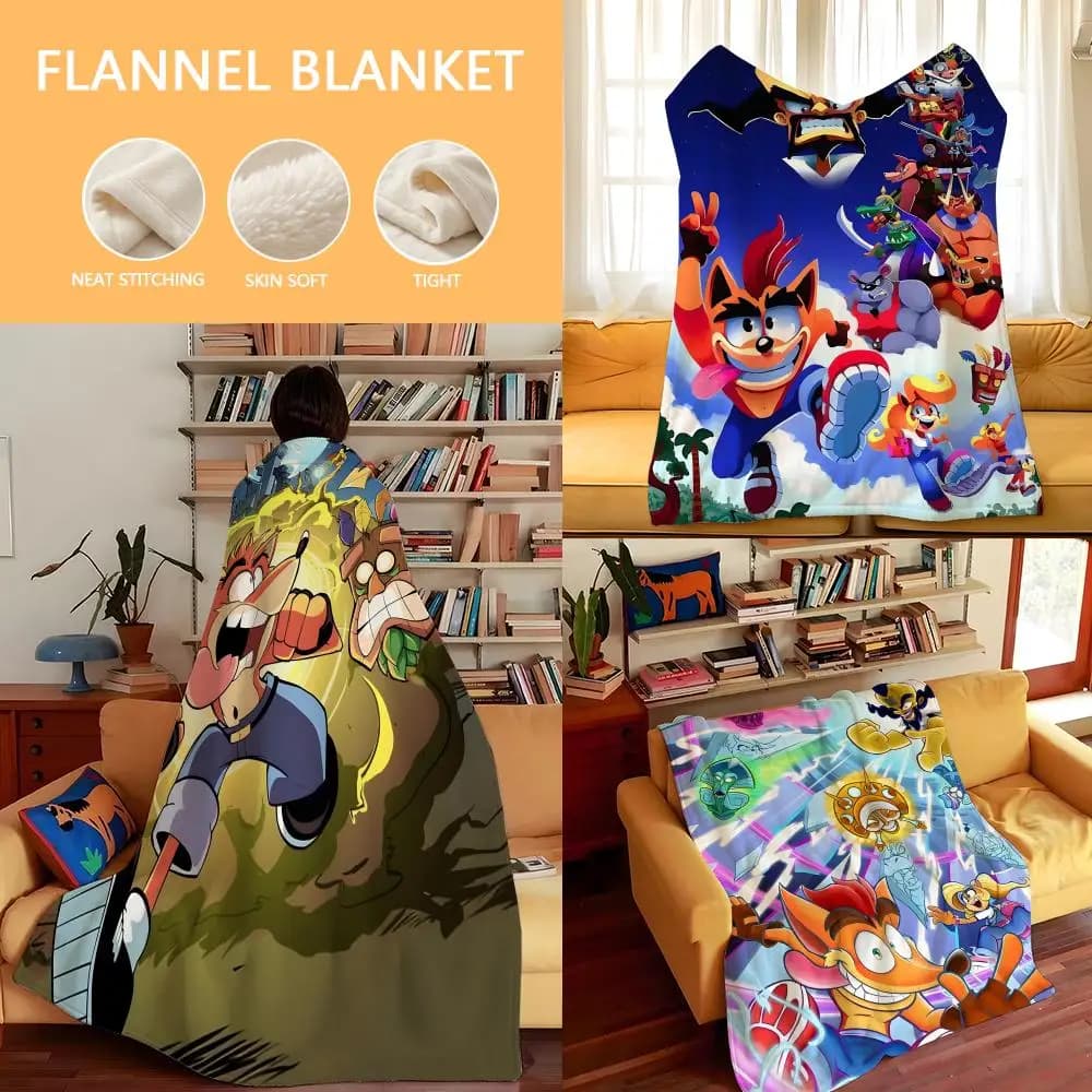 Game C-Crash B-Bandicoot Throw Flannel Cozy Print Blanket, Portable, Durable Machine Washable cute Cool