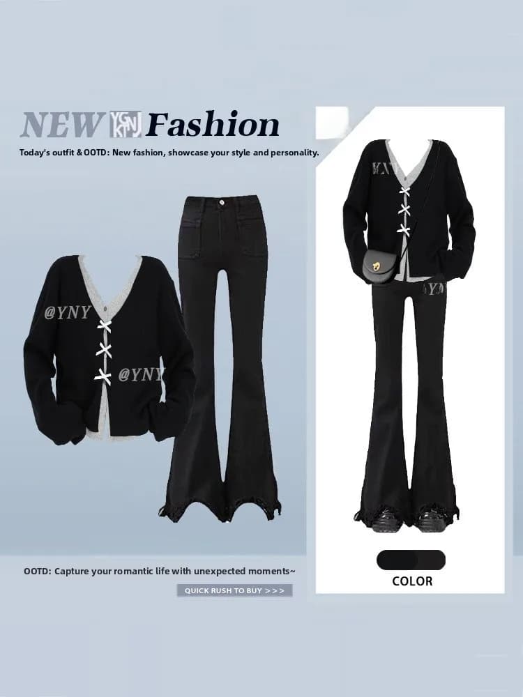 Elegant Knot Fake Two-Piece Knitted Top T-Shirt Slimming Jeans Set Women's Fashion Spring High Waist Long Sleeve