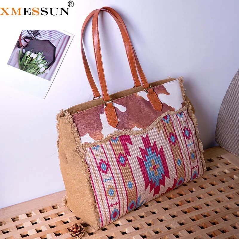 XMESSUN New Trendy Vintage Bohemian Canvas Bag,Fashion European and American Cotton Linen Shoulder Bag Casual Crossbody Bag