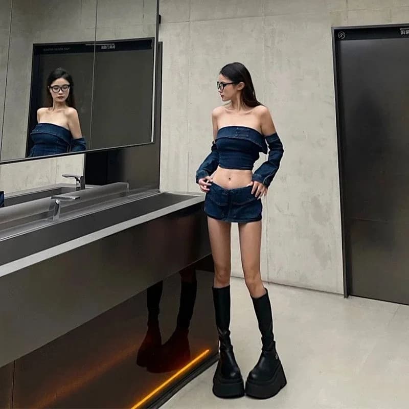 2025 Estate New Spice Girl Denim 3 pezzi Set Top a tubo slim fit + Minigonna a vita bassa + Abiti Y2k sexy da donna con maniche lunghe