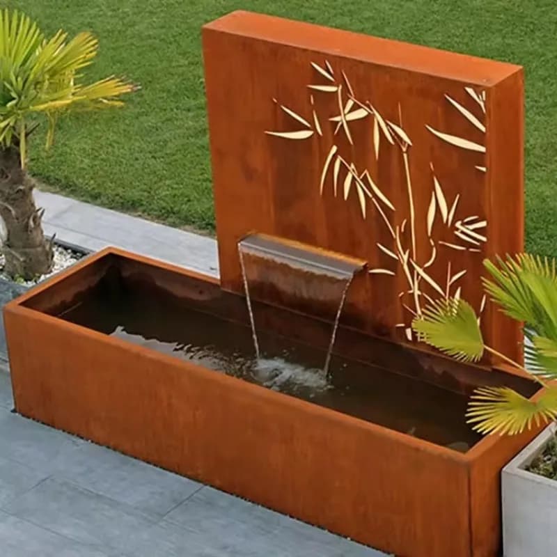 EXW Corten Steel Rain Curtain Water Feature Laser Cut Screen Panel Design With Rust Finish For Outdoor Garden Landscape Decor