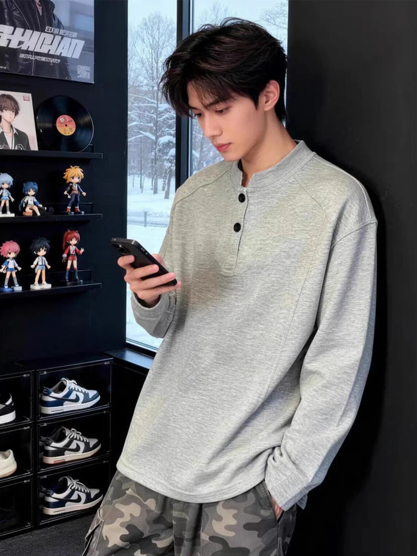 Men's Hoodie Sweatshirt Henry Collar Fleece Lined Long Sleeve Thickened Winter Base Layer Shirt Casual Loose Fit Cotton Polye...