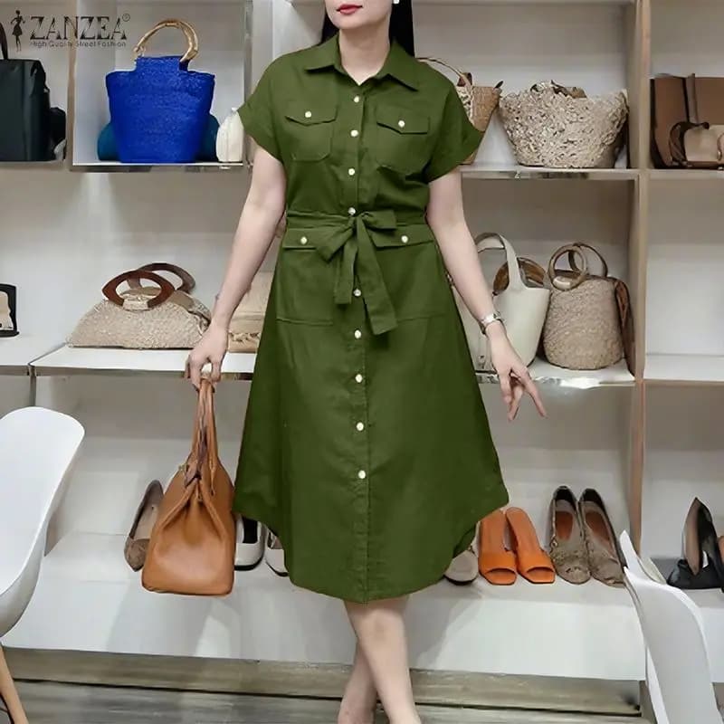 ZANZEA Abito Camicia Cargo da Donna con Cintura, Casual, Colletto Rovesciato, Manica Corta, Abito Midi con Bottoni, Abbigliamento Estivo da Donna 3XL