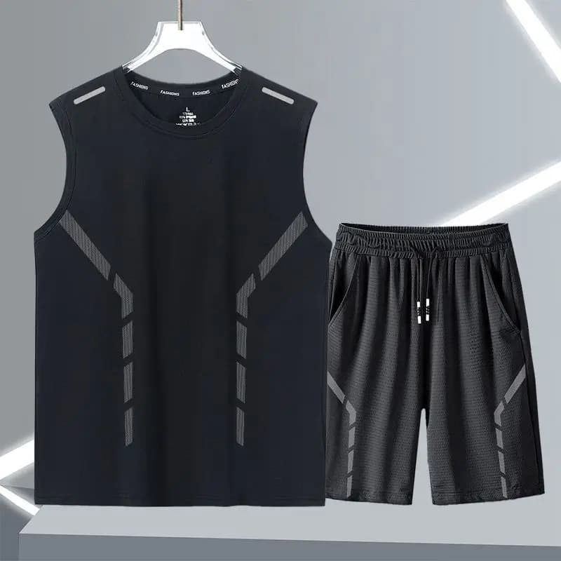 Completo Estivo Casual da Uomo in Seta Ghiaccio a Rete, 2 Pezzi: T-Shirt Senza Maniche e Pantaloncini