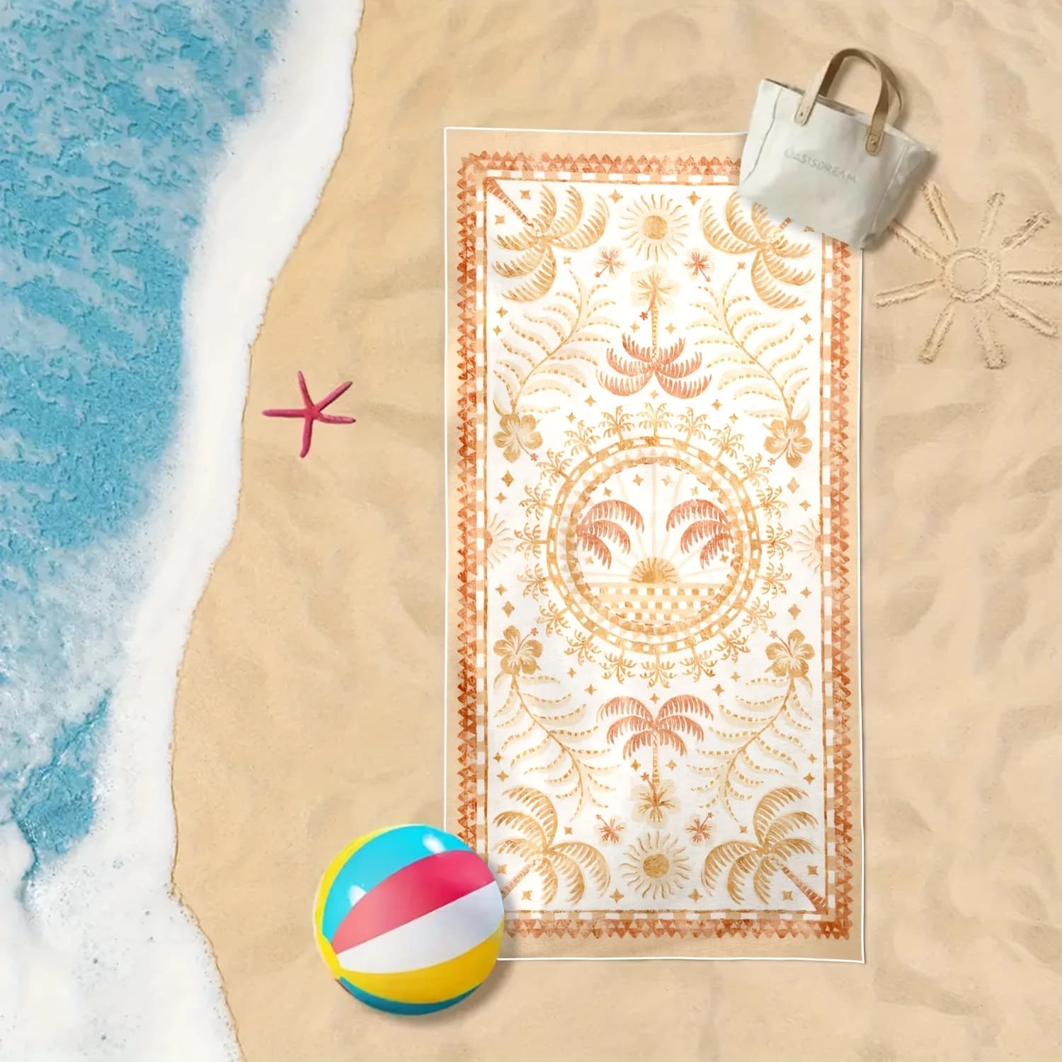 Asciugamano da Spiaggia Boho con Palme e Sole, Asciugamano in Poliestere ad Asciugatura Rapida, Unisex, Essenziale per Spiaggia, Nuoto, Viaggi, Campeggio, Regalo