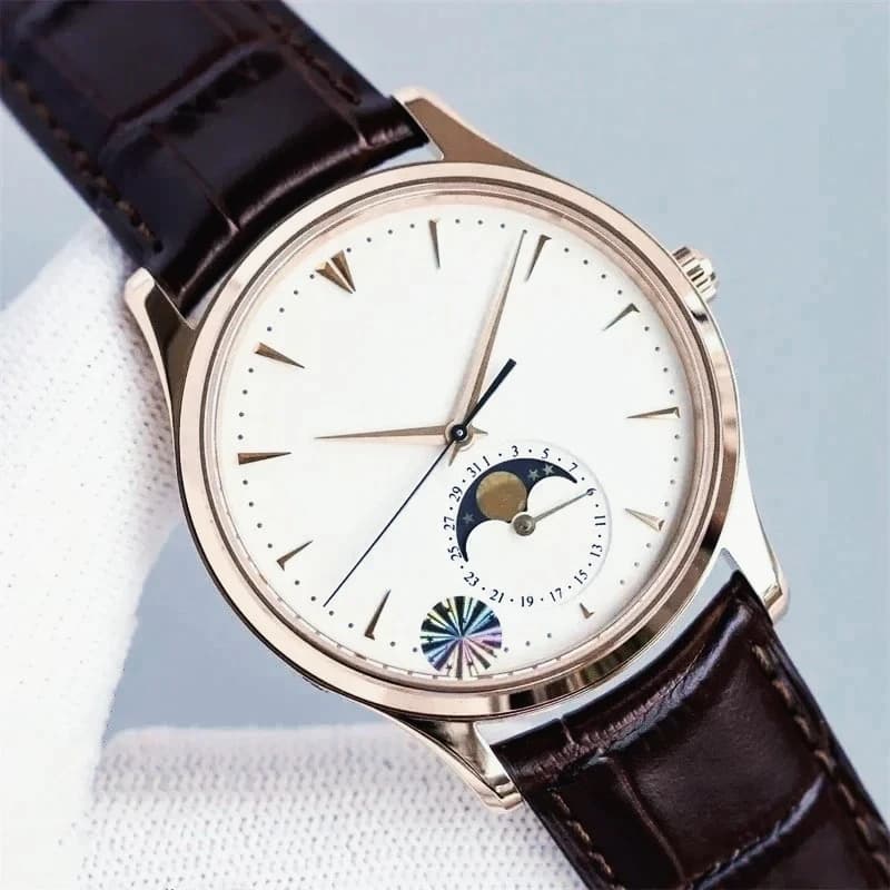 Men's Automatic Luxury Mechanical Watch, Stainless Steel 904L, Multifunction, with Leather Strap and Moon Phases for Women