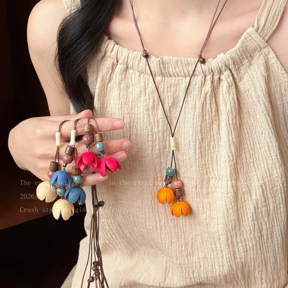 Ancient flower bells~ Colored plants, dried fruits, long necklaces, female ethnic style, retro niche design accessories