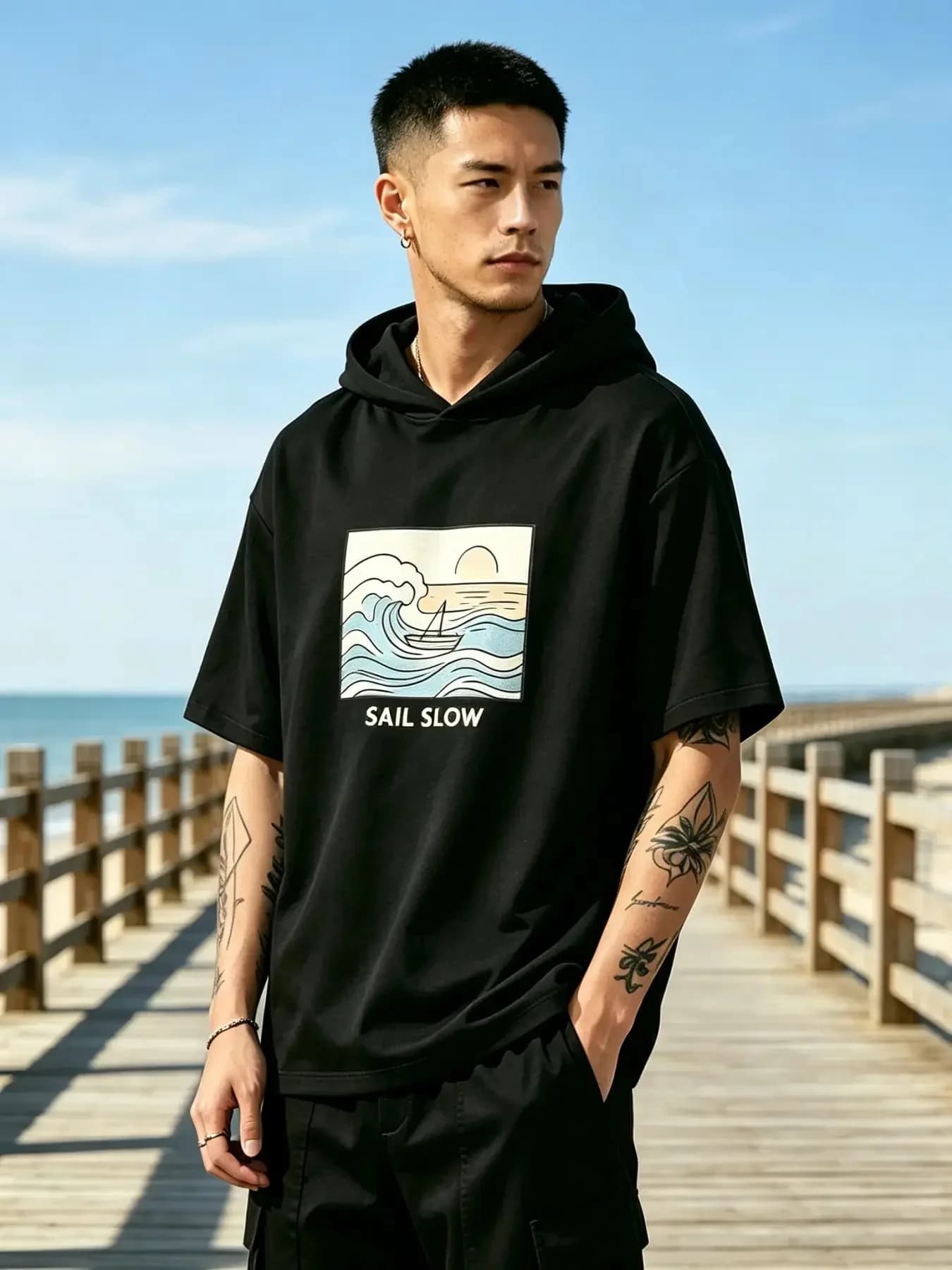 Men's Short Sleeve Hooded T-Shirt Sail Slow Wave Sunset Graphic Oversized Casual Streetwear Pullover Hoodie Tee