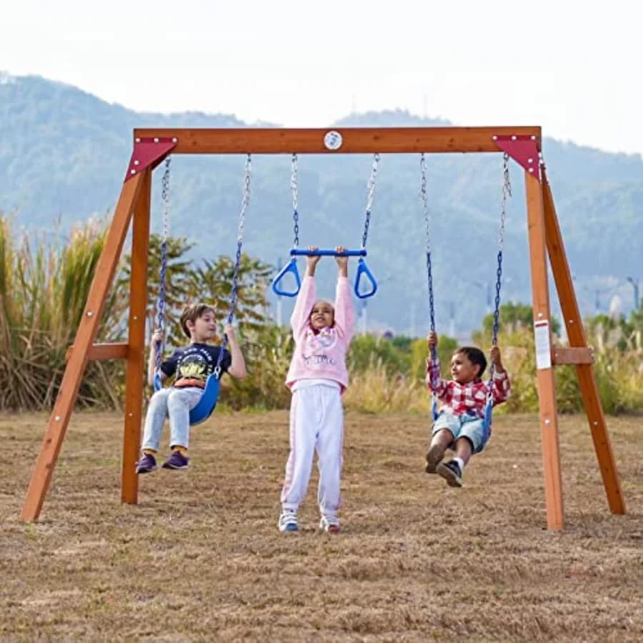 Set Altalena in Legno per Parco Giochi da Giardino, Kit Fai-da-te per Famiglie con Barra Trapezoidale e 2 Altalene a Cinghia, Set da Gioco Robusto per Esterni
