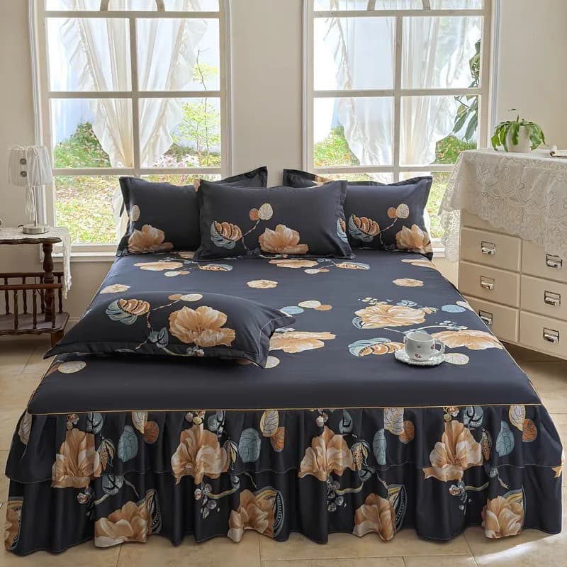 Set gonna letto in pizzo 3 pezzi (1 gonna letto + 2 federe, senza nucleo di cuscino) Gonna letto in pizzo, biancheria da letto per tutte le stagioni con stampa floreale