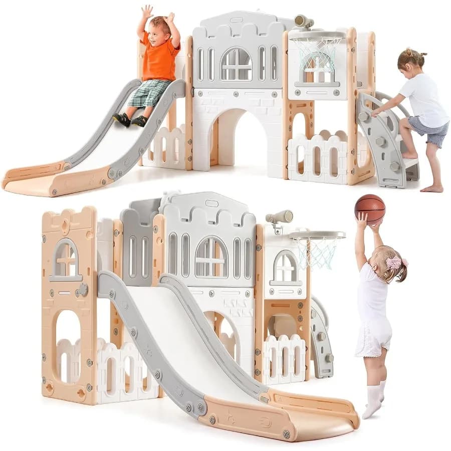 Set da gioco per diapositive per bambini 8 in 1 Parco giochi per interni per bambini per 1-3 set da gioco per interni ed esterni con tunnel scalatore per diapositive Basket